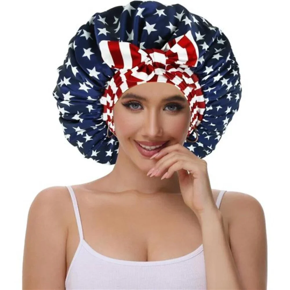 American Flag Satin Sleep Bonnet – Patriotic Stars & Stripes with Oversized Bow
